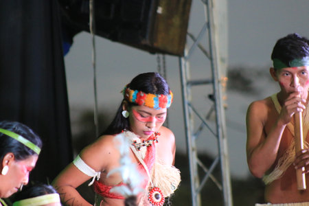 Puyo, Ecuador, 17-8-2019: Group of indigenous peopel or waorani performing a traditional danceのeditorial素材