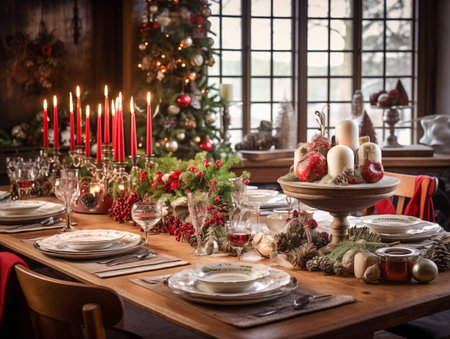 A beautifully adorned Christmas table, exuding warmth and cheer, welcomes guests with open seats and glasses brimming with rich red wine. The intricate table settings showcase rustic yet elegant decorations, from delicate snowflake patterns on the plates to the silver candle holders that cast a gentle glow. This vivid and captivating photograph captures the festive atmosphere and attention to detail, inviting viewers to experience the joyous ambiance of a German Christmas celebration. Generative AIの素材