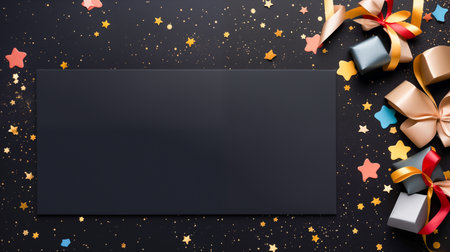 Slate board and confetti on black background, top view. Space for text. Generative AIの素材