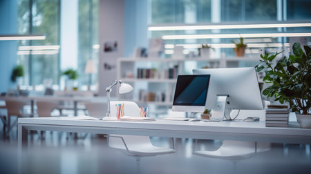 A modern white workspace with copy space against a blurred modern white office as a background. Generative AIの素材