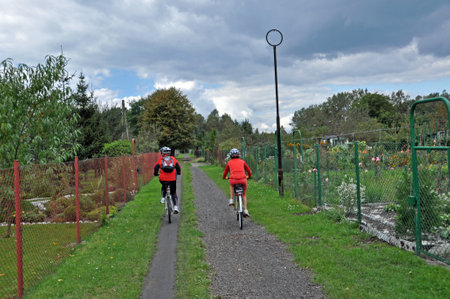 Two cyclists move away along the dirt road through allotments.の写真素材