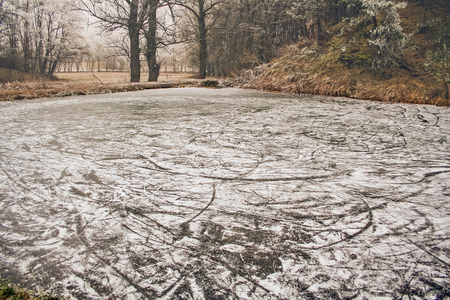 Small Scratched Frozen Pond in the Forest used as an Ice Rinkの写真素材