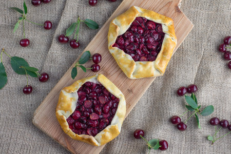 Top View on Delicious Rustical Sour Cherry Pies on Wooden Board with a few sour cherriesの写真素材