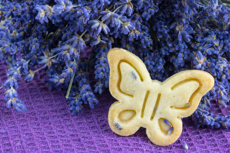 Detail on Butter Biscuits Cookies with Lavender Butterfly shape on violet clothの写真素材