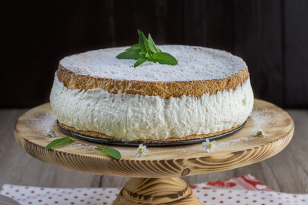 Traditional Austrian dessert Cream-Cheesecake  on a wooden plate with mint leavesの写真素材