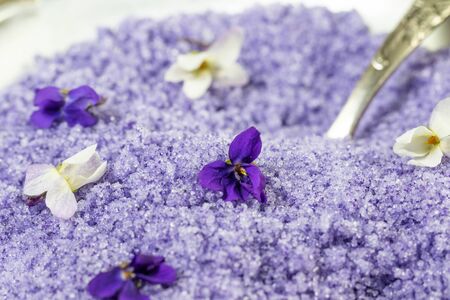 violet sugar from violet flowers with teaspoonの写真素材