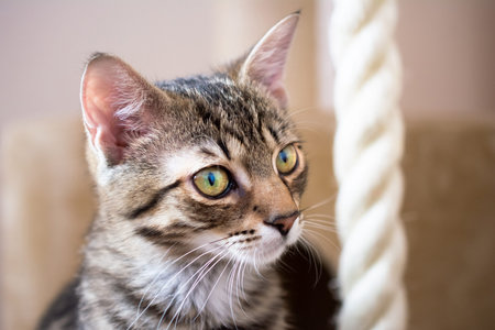 Sitting young cat with yellow-green eyes. Rope in the background.