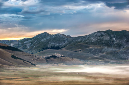 Beautiful fields and forests in the landscape of Umbria, Italyの写真素材