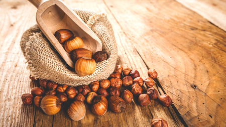Hazelnuts in a rural bag on a wooden table and a spoon for scooping.の写真素材