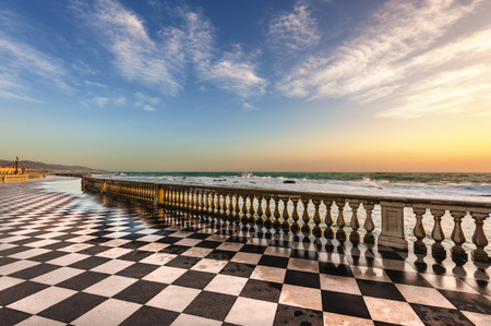 Terrace Mascagni in Livorno, viewpoint along the sea with the checkerboard floor, Tuscany, Italyの写真素材