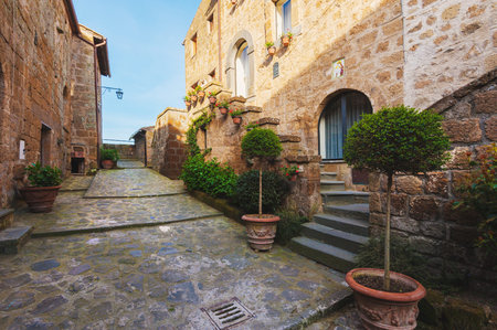 Beautiful corners and streets of the medieval small town in Lazio, Civita di Bagnoregio, Italyの写真素材