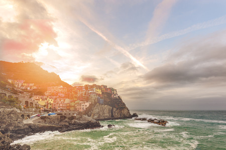 Dawn of the sun in Manarola, Cinque Terre National Park, Italy.の写真素材