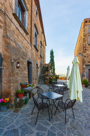 Beautiful corners and streets of the medieval small town in Lazio, Civita di Bagnoregio, Italyの写真素材