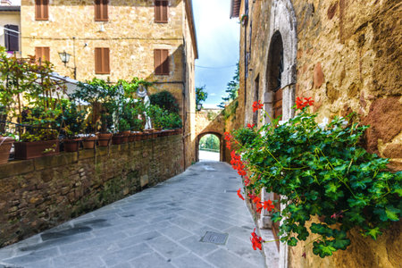 Street with flowers in the medieval Tuscan town.