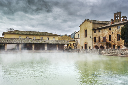Small town famous for its hot water springs in Tuscany, Bagno Vignoni.の写真素材