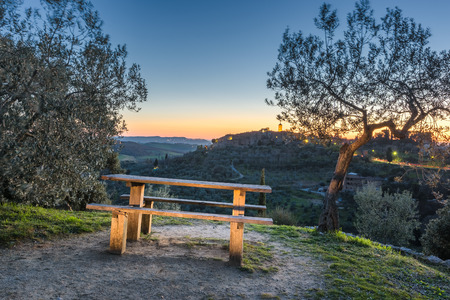 Evening view of the Tuscan town situated on a hill, Castelmuzio.の写真素材
