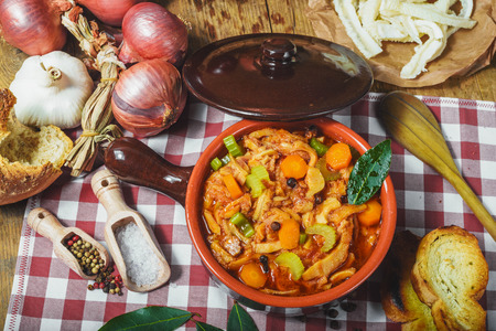 Tripe Florentine, typical Italian, Polish, French food. On a rustic table.の写真素材