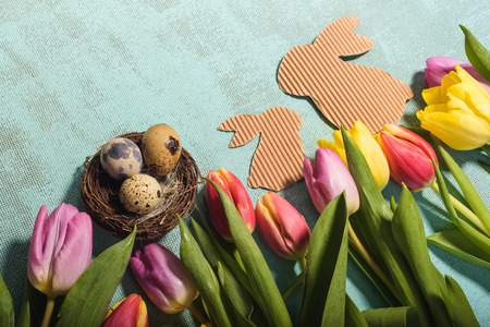 Easter and spring background with tulips and eggs.の写真素材