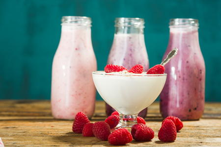 Natural yoghurt with raspberries fruit BIO.の写真素材