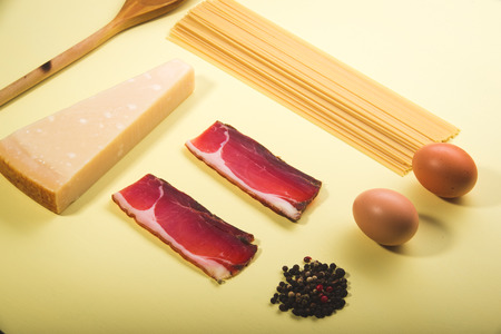 Fresh and juicy ingredients to prepare pasta carbonara.の写真素材