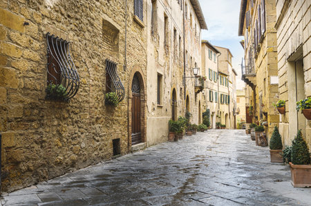 Walk on a rainy day through the streets of the beautiful town, Pienza, Tuscanyの写真素材
