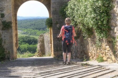 Hiking around Tuscany and Italian medieval towns, Monteriggioni Sienaの写真素材