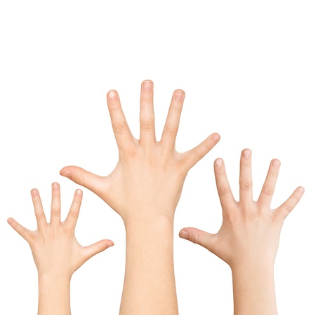 Three hands calling for help on white background, with clipping pathの写真素材