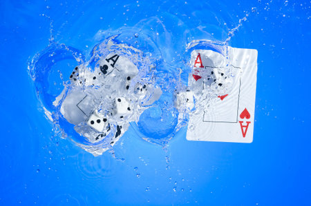 Several dice combination and playing cards on water