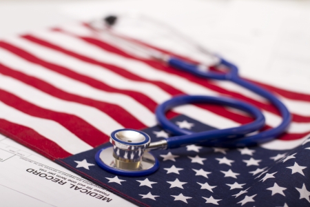 Stethoscope on a USA flagの写真素材