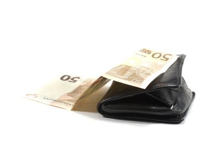 a black leather wallet with cashの写真素材