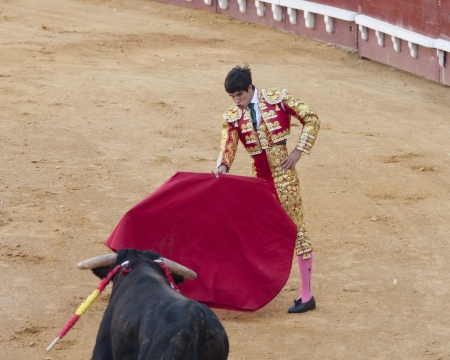 a brave matador facing a fierce bullのeditorial素材