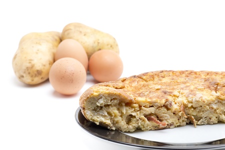 Spanish omelette, as ingredients, olive oil, eggs and papatasの写真素材