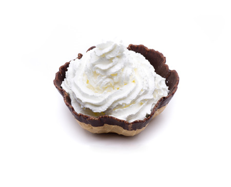 cream with strawberries, in a chocolate biscuit surroundedの写真素材
