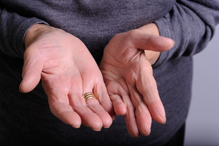 close up of open hands of elderly womanの写真素材
