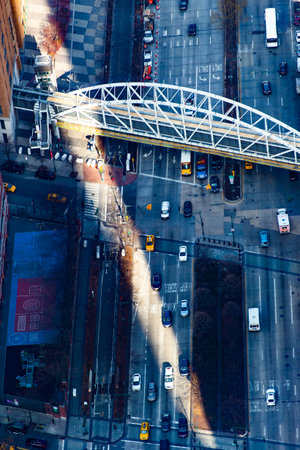Aerial view of traffic on the road in New York City.