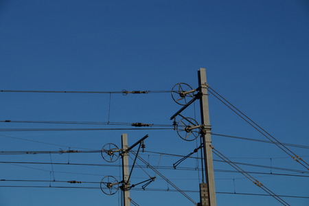 Electrical railway catenary train lines - railroadの写真素材