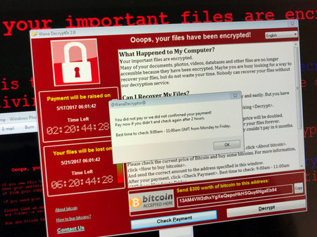 Amsterdam, the Netherlands - August 30, 2018: Screenshot of WannaCry ransomware attack on a computer...