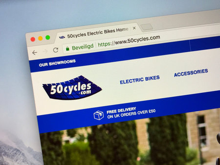 Amsterdam, the Netherlands - August 26, 2018: Website of 50cycles Electric Bikes, a electrical bike...