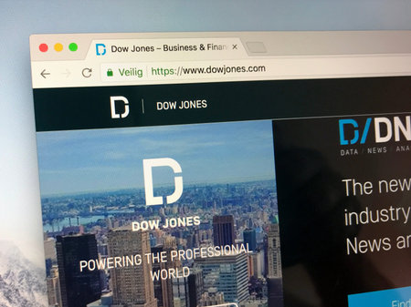 Amsterdam, Netherlands - June 1, 2018: Website of The Dow Jones Industrial Average or DJIA, a stock...
