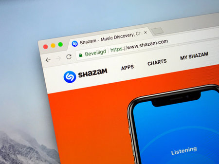 Amsterdam, the Netherlands - September 6, 2018: Website of Shazam, a application that can identify...