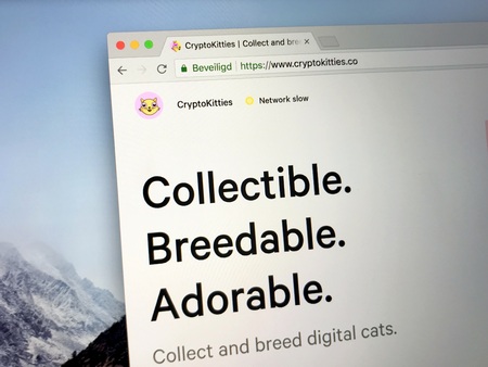 Amsterdam, the Netherlands - July 7, 2018: Website of CryptoKitties, a blockchain based virtual game hat allows players to buy, collect, sell and sell various types of virtual cats.のeditorial素材
