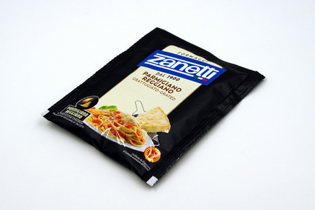 Amsterdam, The Netherlands - November 23, 2018: Package of Zanetti Parmigiano Reggiano Formaggi parmesan cheese.のeditorial素材