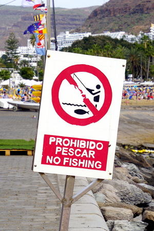 Puerto Rico the Gran Canaria, Spain - January 5, 2019: Spanish No Fishing Prohibition sign.のeditorial素材