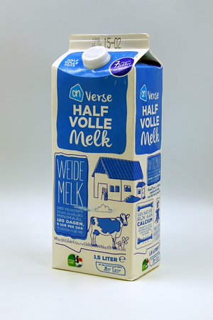 Amsterdam, the Netherlands - January 31, 2019: AH 1.5 liter semi-skimmed milk package against a white background.のeditorial素材