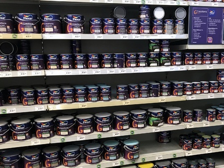 Amsterdam, the Netherlands - February 18, 2019: Assortment of various Flexa paint containers on display at a shelf of hardware store.のeditorial素材