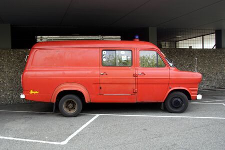 Copenhagen, Denmark - July 20, 2019: Ford Transit MK1 Fire truck parked on a public parking lot. Nobody in the vehicle.のeditorial素材