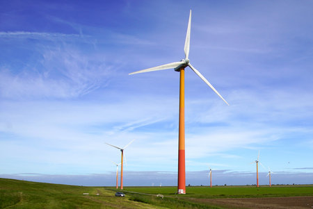 Almere, the Netherland - September 20, 2019: Nuon power generating wind turbines against a partly...