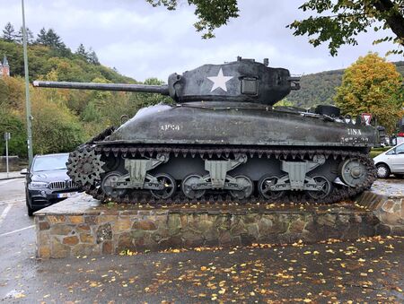 La Roche, Belgium - October 19, 2019: Tank monument M4A1 Sherman in La Roche-en-Ardenne.のeditorial素材