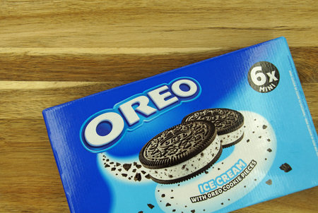 Zaandam, the Netherlands - November 6, 2021: Package of Oreo ice cream on a kitchen table.