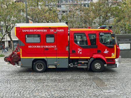 Paris, France - October 20, 2022: France fire truck in the inner city of Paris.